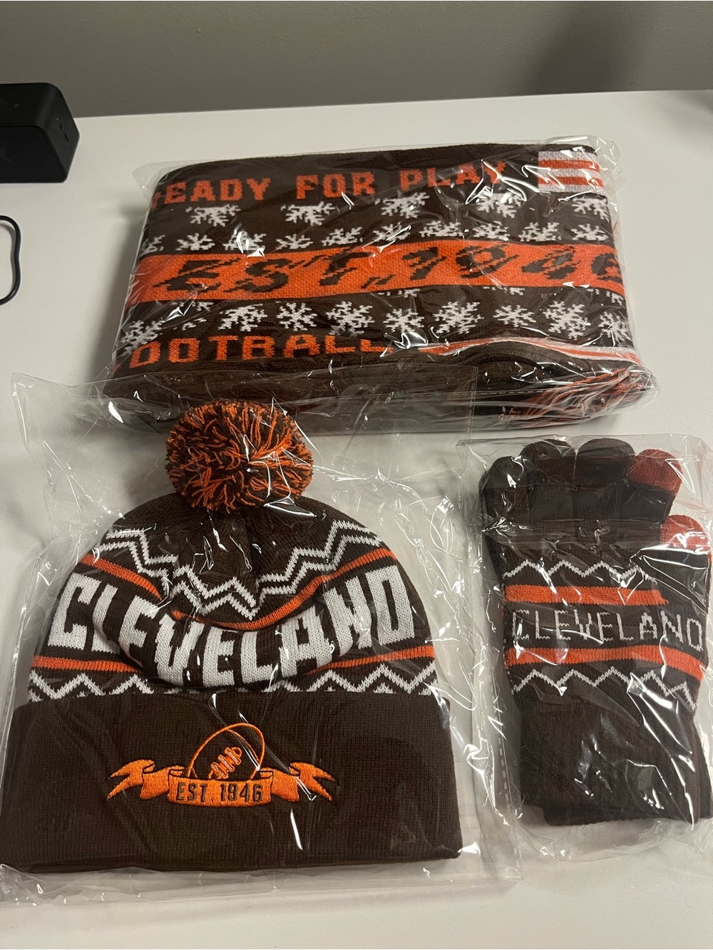 Cleveland Knit Beanie, Scarf & Gloves Set - Brown & Orange